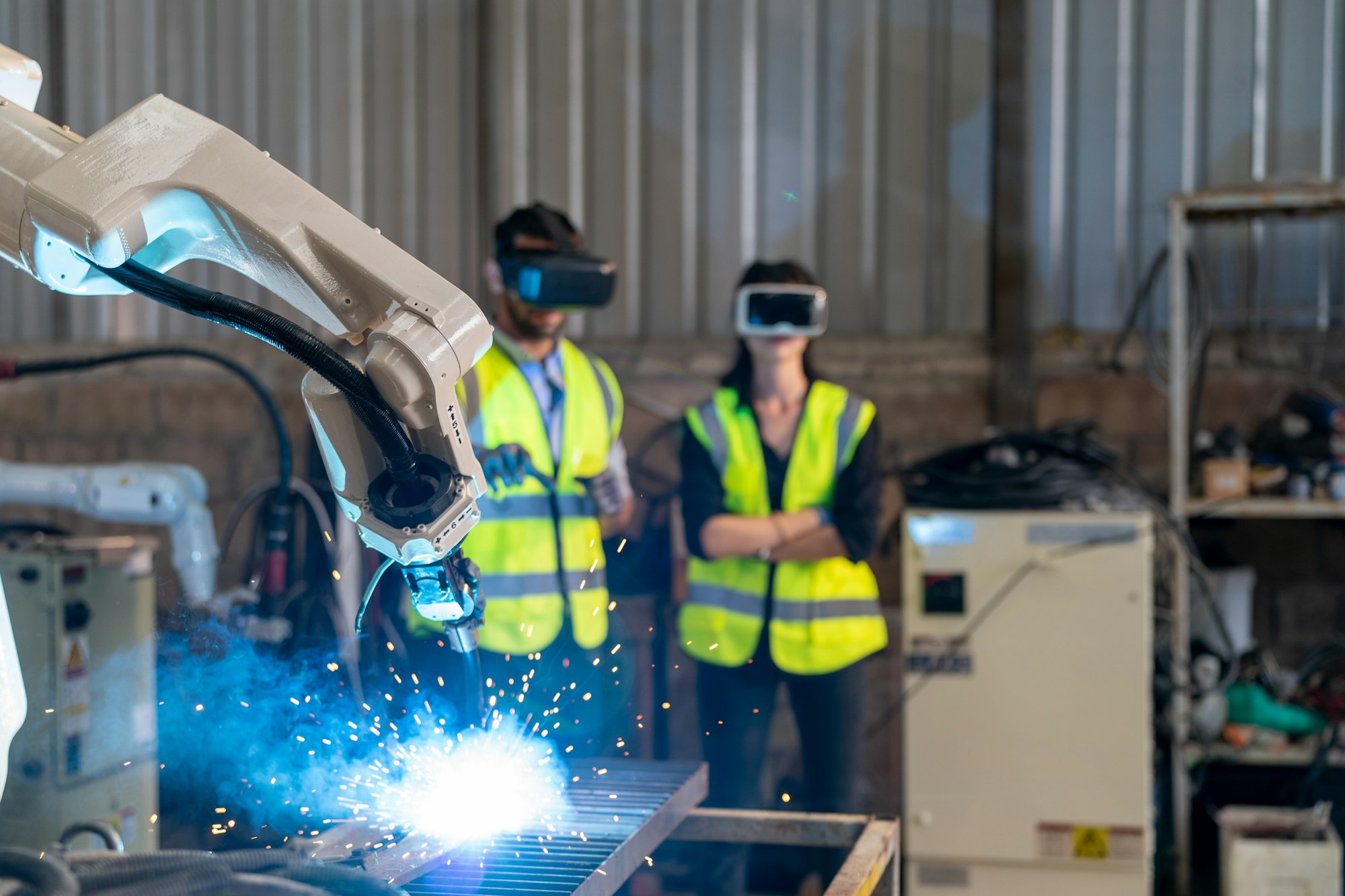 Robotics engineer working on maintenance of robotic arm in factory warehouse. Business technology.