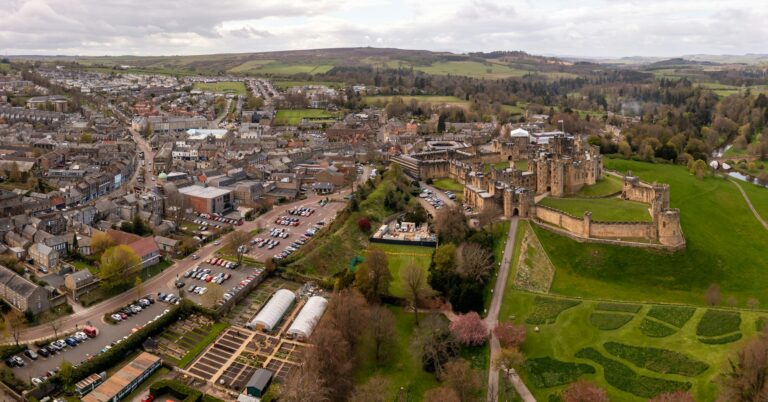 Aerial landscape view of Alnwick town centre in Northumberland, UK