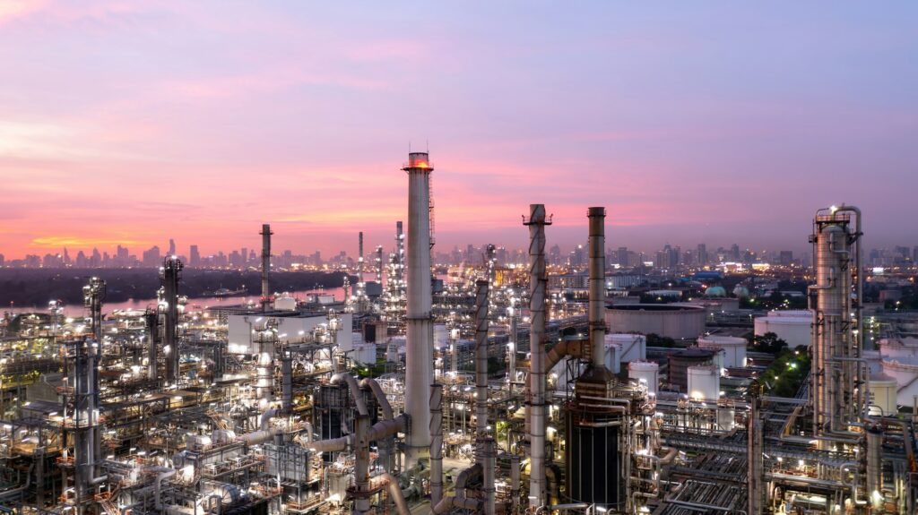 Aerial view oil and gas industry refinery at sunset, Aerial view oil and gas Industrial.