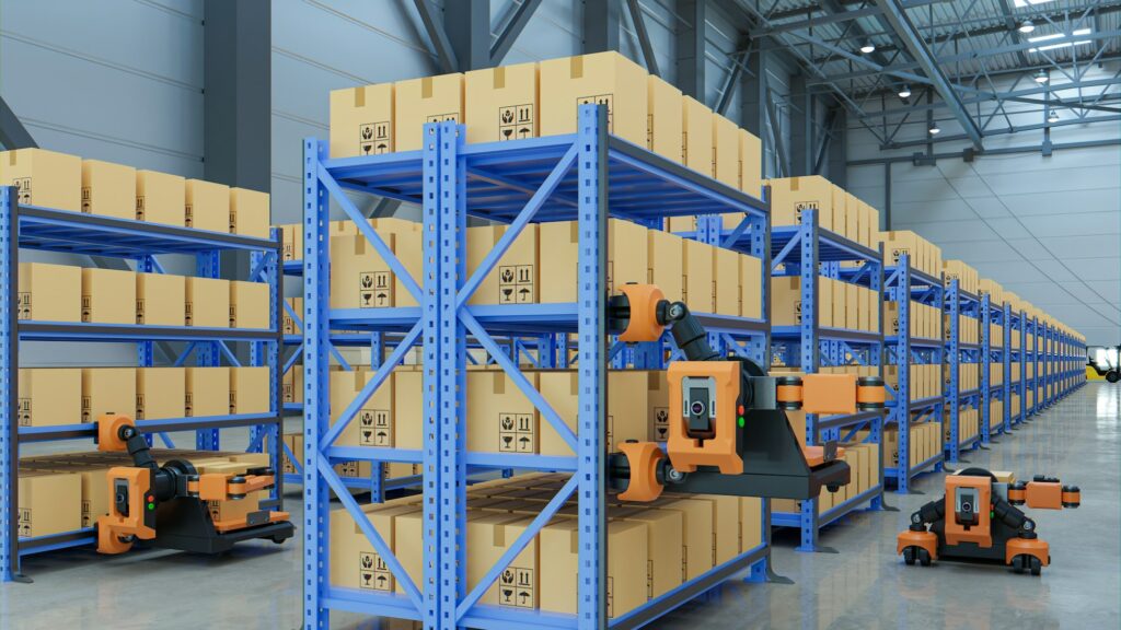 Automated warehouse AGV robots with delivering.