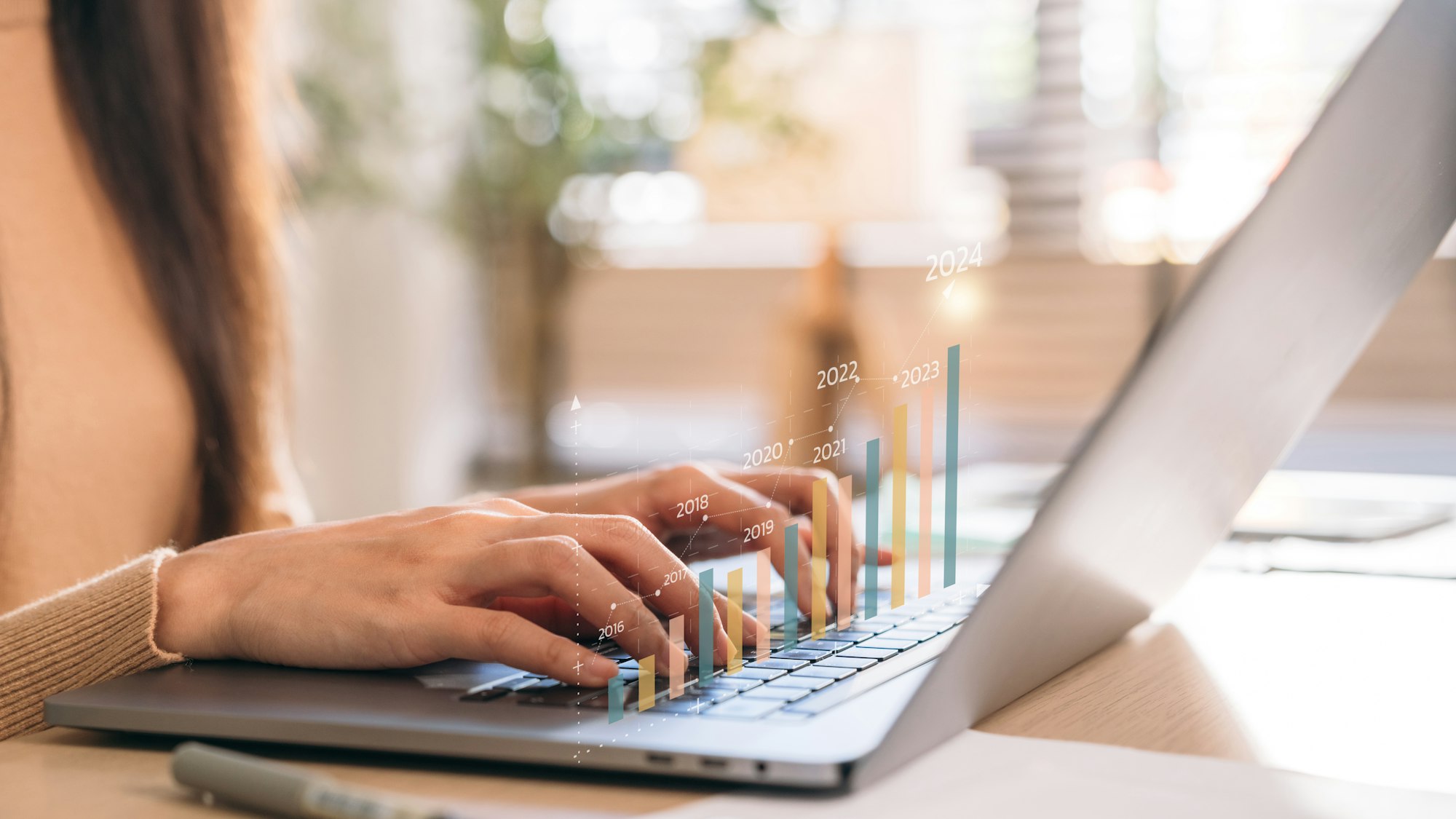 Navigating the New Wave: How AI is Revolutionizing the Market businesswoman utilizes augmented reality graphics for long term investment strategy in 2024.