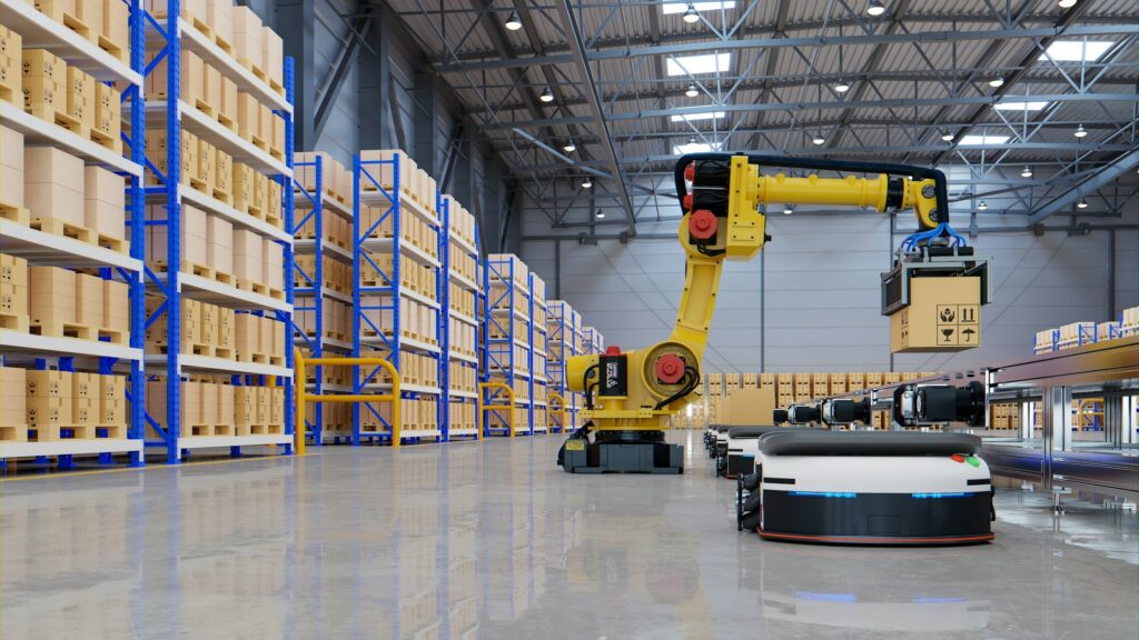 Factory Automation with AGV and robotic arm in transportation.