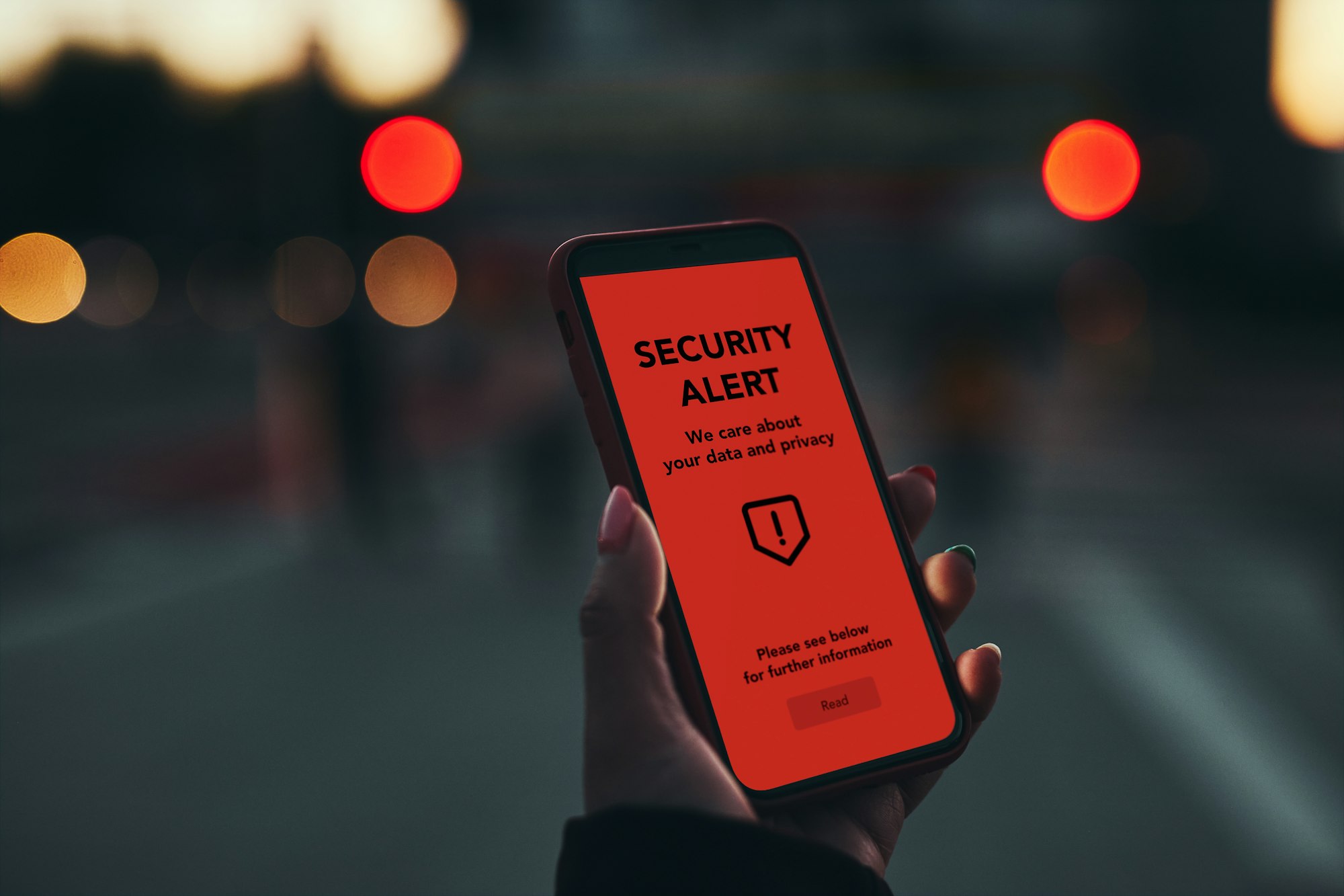 Security alert on smartphone screen. Antivirus warning. Private data protection system notification