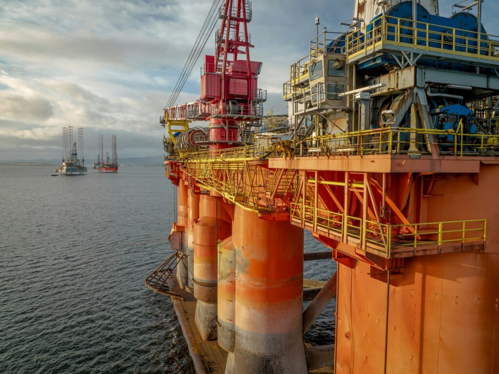 Sunset View of an Oil and Gas Rig and Platform at Sea