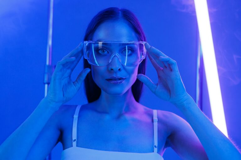 artificial intelligence, girl in the image of a virtual assistant in transparent glasses