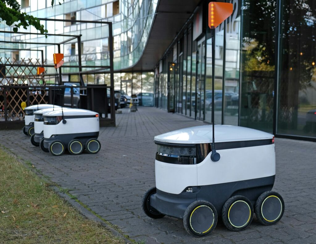 Autonomous delivery robot on street. Estonian company developing autonomous delivery vehicles. Conce