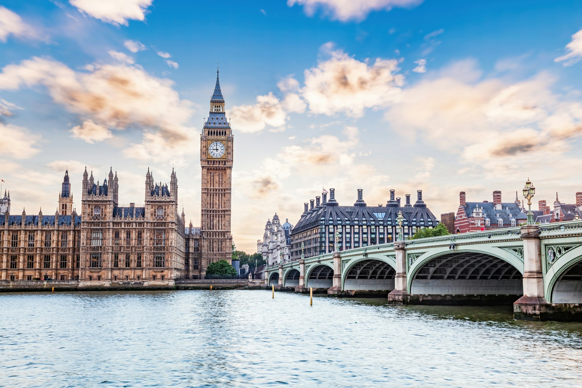 Big Ben, Westminster Bridge on River Thames in London, England, UK