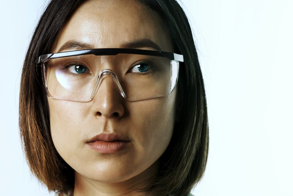 Businesswoman wearing AR glasses futuristic technology