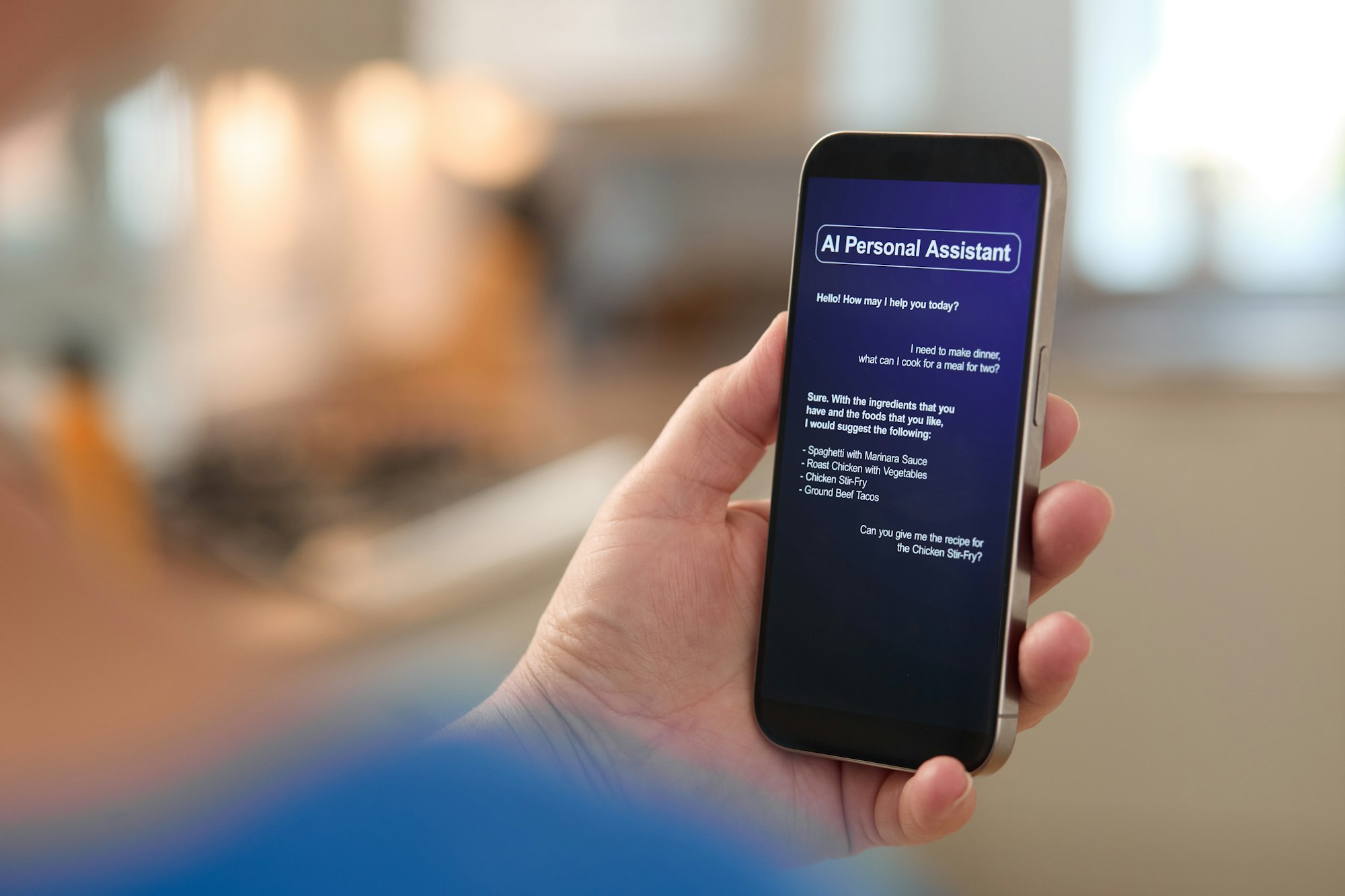 Display of AI Personal Assistant on a Smartphone While in a Modern Kitchen Setting