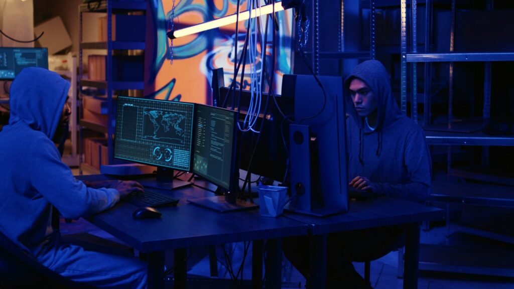 Hacker coding malware in dark room