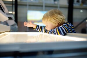 Little caucasian boy is looking an exposition in a scientific museum.