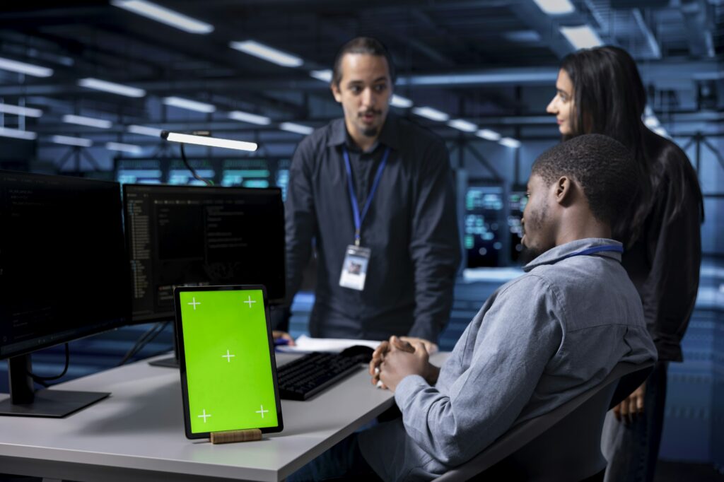 Multiethnic engineering team works on green screen tablet in data center