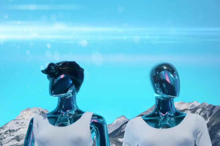 Unreal futuristic robot cyborgs with mountains and blue sky in the background, metaverse concept