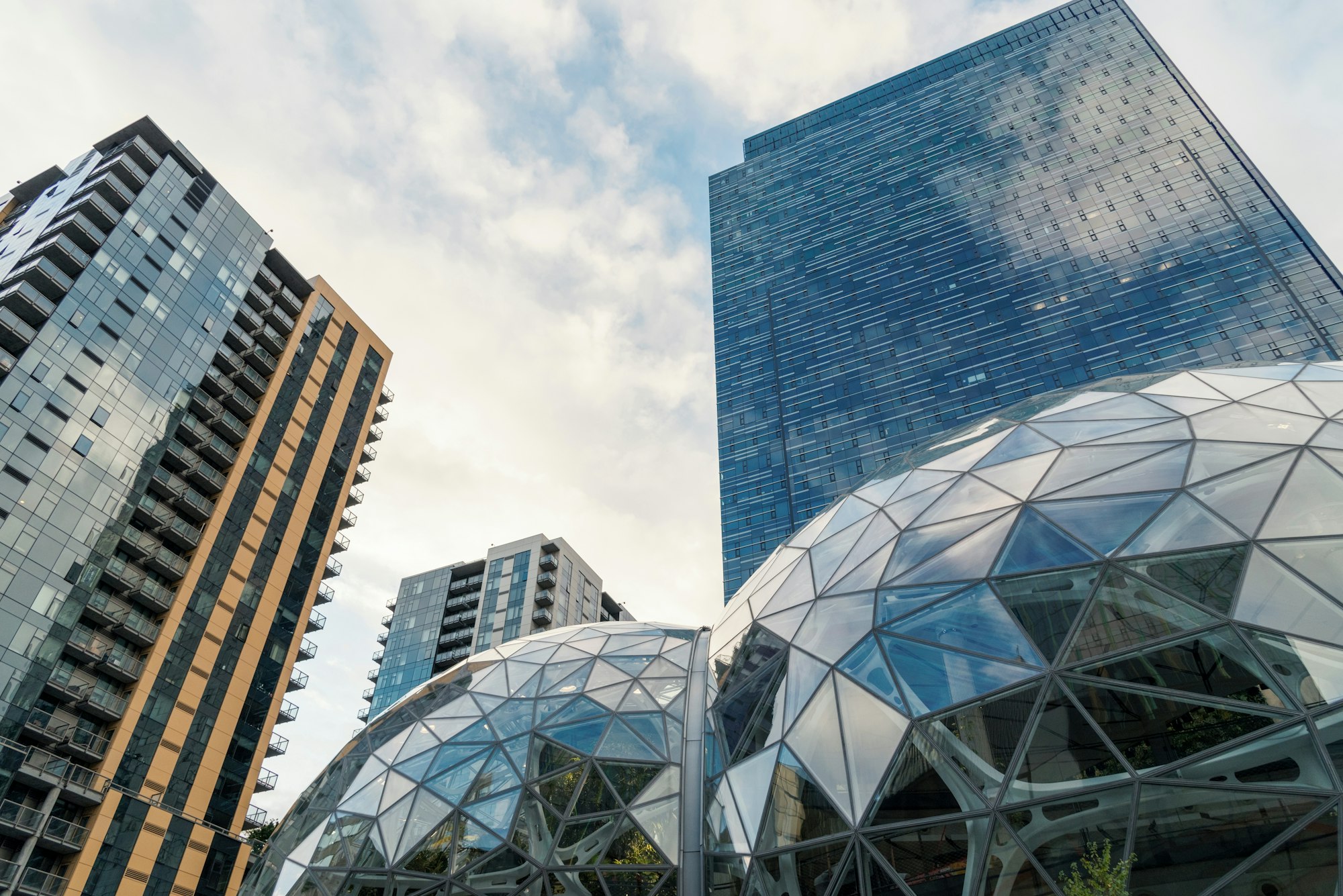 Looking up at the Amazon world headquarters building and spheres in downtown Seattle.