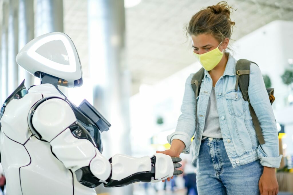 Robot and human handshake in a public place