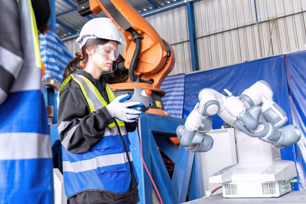 Young female asian service engineer holding robot controller operate robot arm automation factory