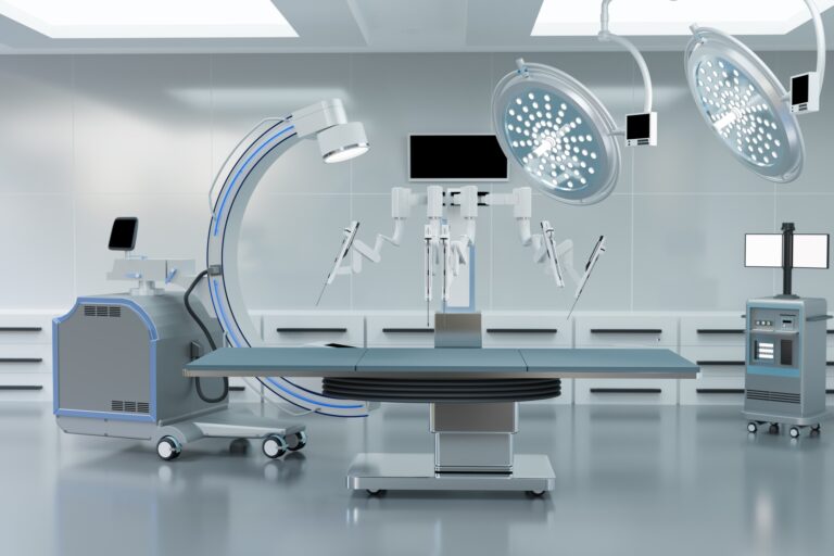 clean operating room, robot with C arm and medical equipment