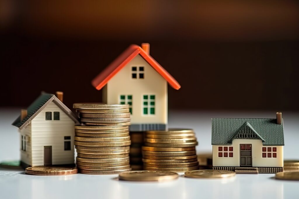 Photo of a small house perched on a heap of golden coins, representing real estate investment