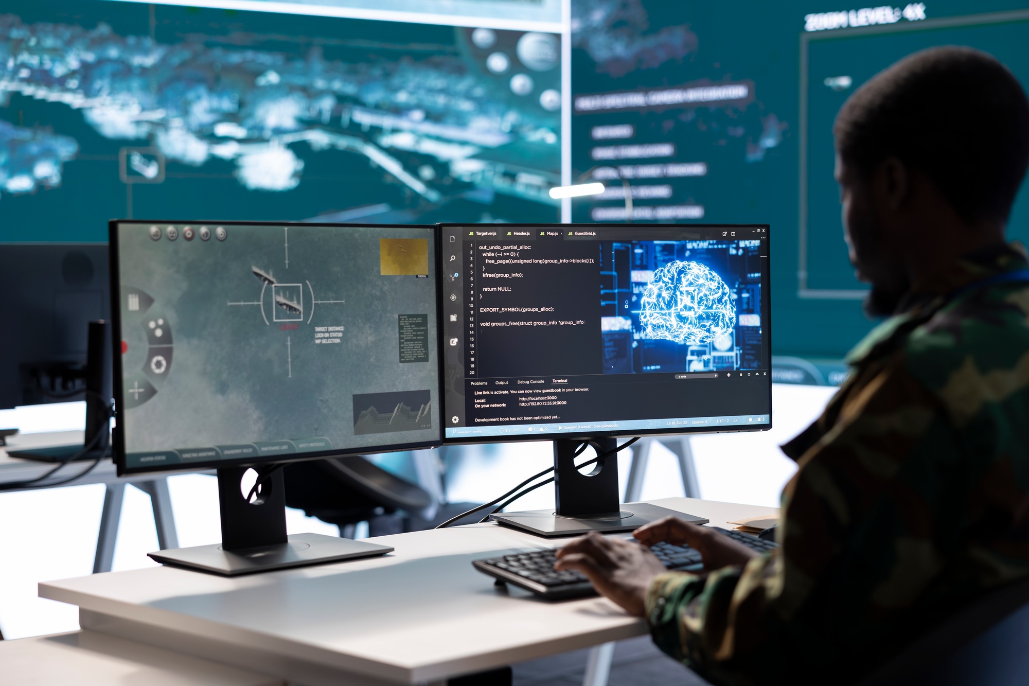 Soldier working with AI intelligence on pc in control room