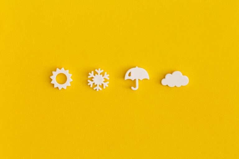 Weather icons set on yellow background. Weather forecast concept.