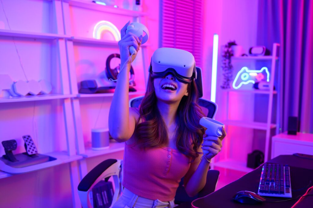 woman Pro Gamer have live streaming using virtual reality glasses