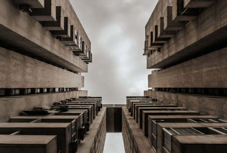 Low-angle of the brutalist multi-story concrete building in Split, Croatia