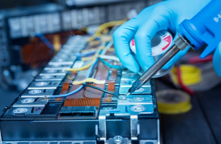 Technician use soldering iron to solder metal and wire of lithium-ion rechargeable battery. Repair