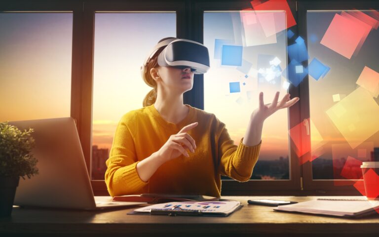 Woman with VR virtual reality goggles