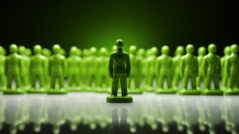 Green army men following a leader. Leadership concept.