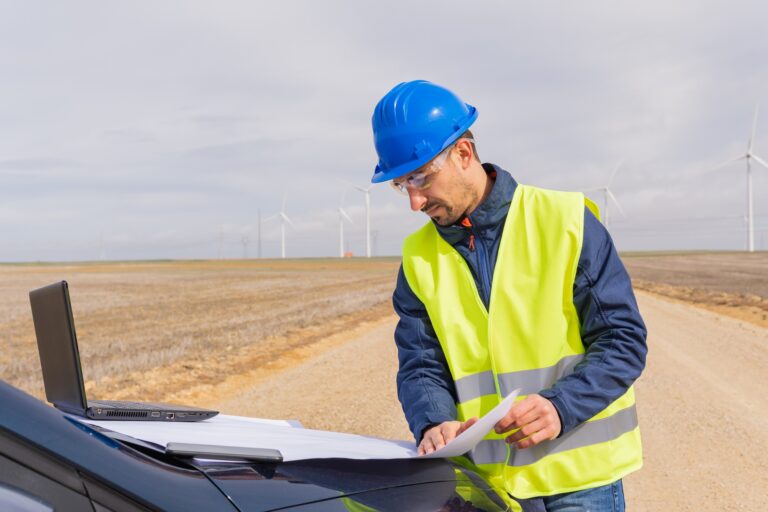 Outdoor worker, concept of the future, green energy and alternative to the energy crisis.