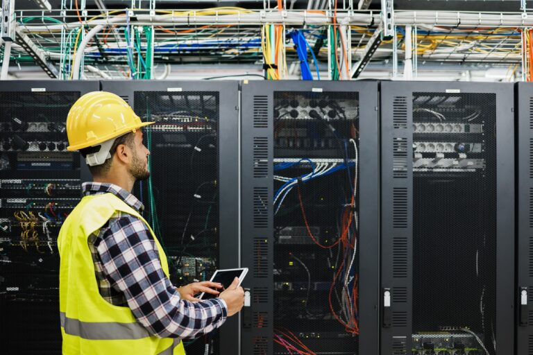 Young technician man working inside big data center room - Technology, cyber security and AI concept