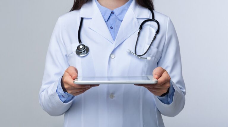 Unrecognizable Female Doctor Using Digital Tablet On White Background