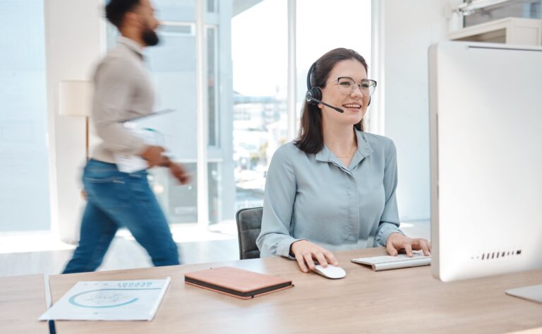 Woman with headset, customer support service and working at online call center or remote telemarket