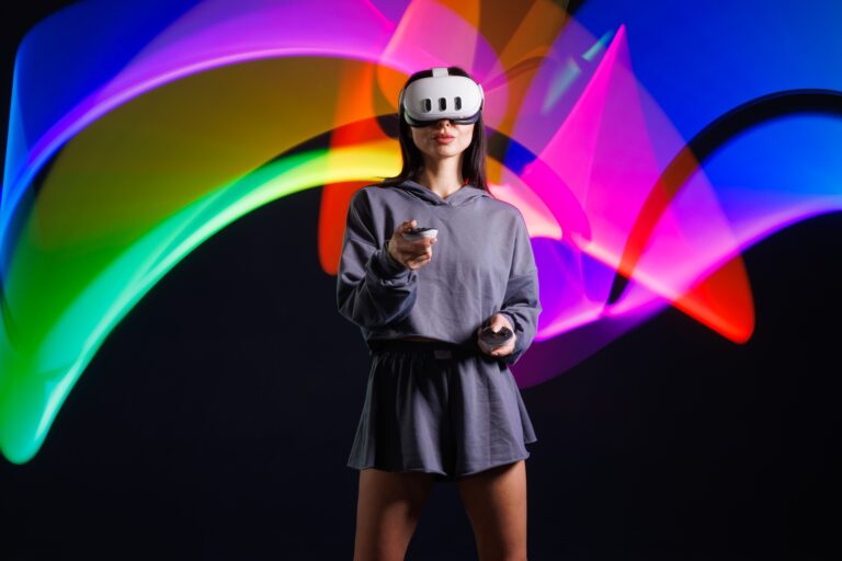 Young woman in VR headset playing virtual reality game with motion controllers