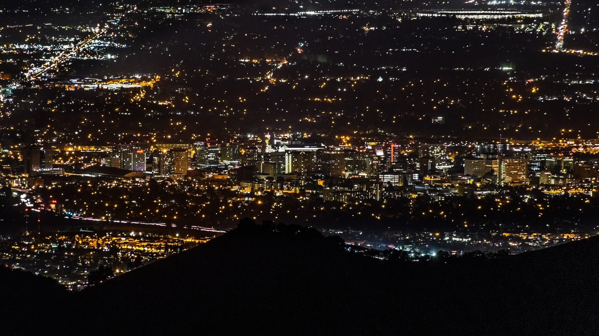 aerial view of the downtown area of san jose as seen on a clear night, silicon valley, california
