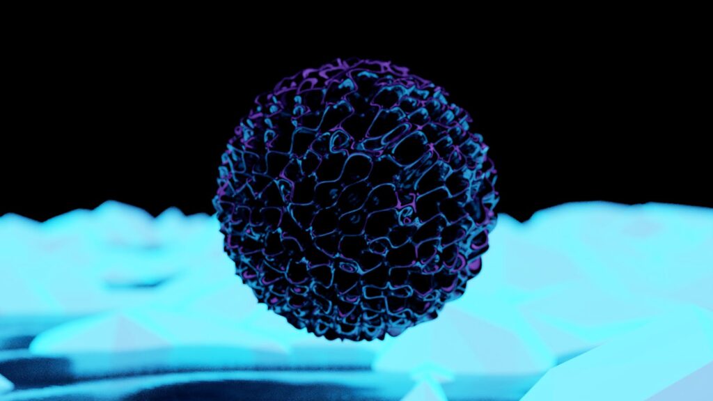 A digital rendering of a virus cell with neon highlights, emphasizing its structure.