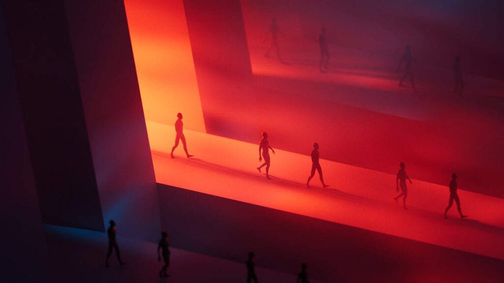 Surreal abstract scene with silhouetted figures walking in a red and blue minimalist space.