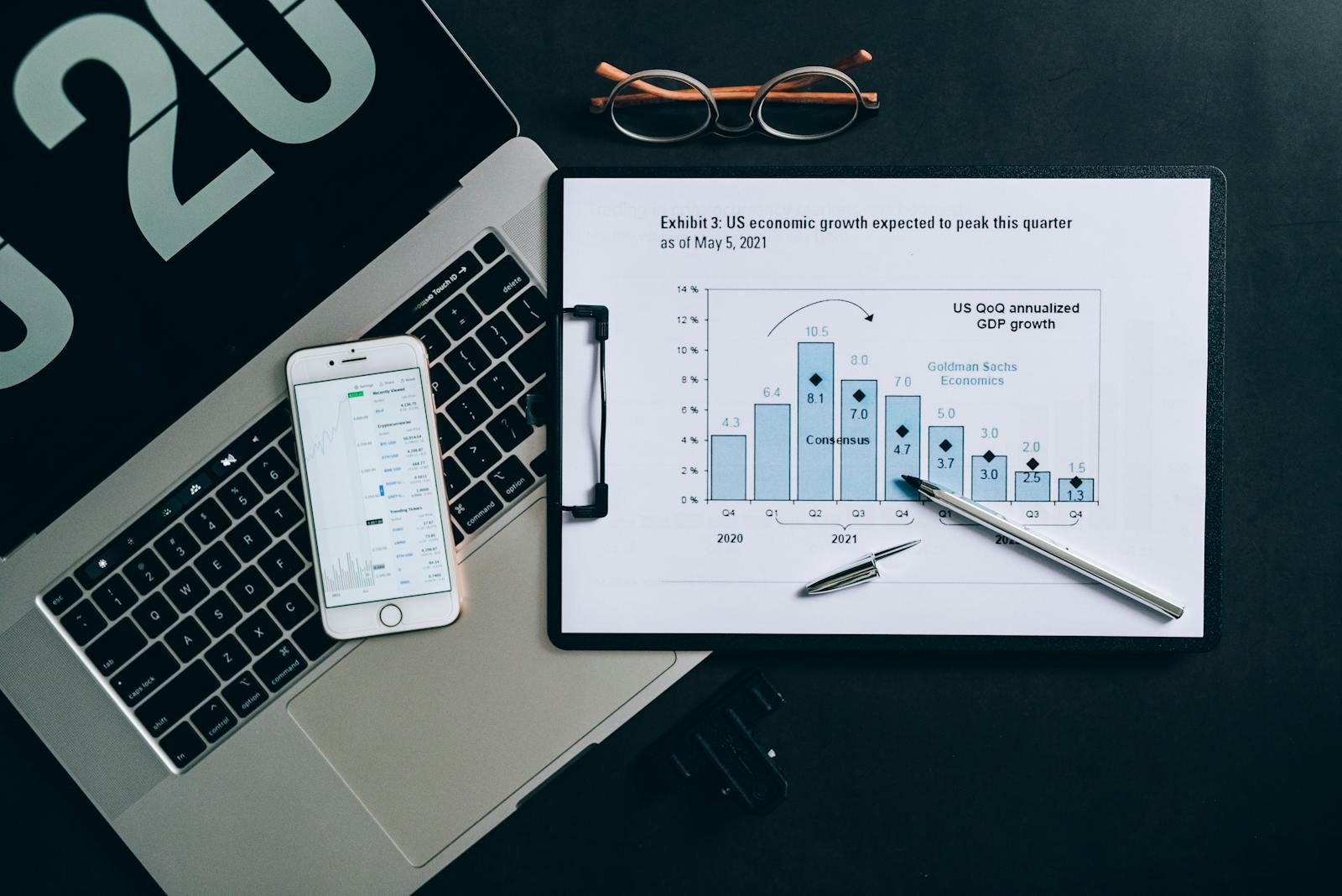 Top view of a financial data analysis setup with laptop, smartphone, and graph on clipboard.