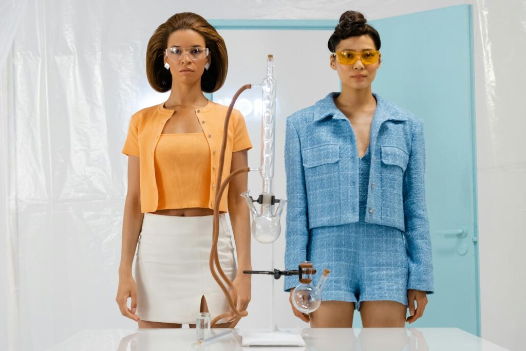 Two fashionable women in a futuristic lab setting, merging science and style.