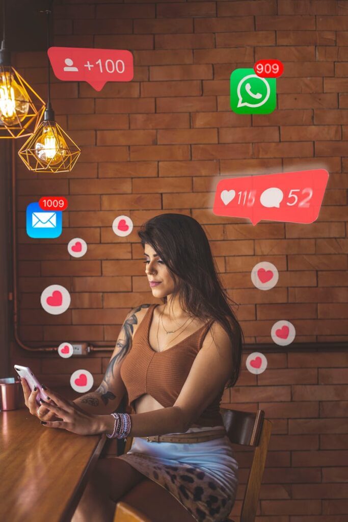 The New Weird Tech Era of 2025 on Emotional Machines What We Really Want From Technology Woman using smartphone in cafe with social media notifications around.