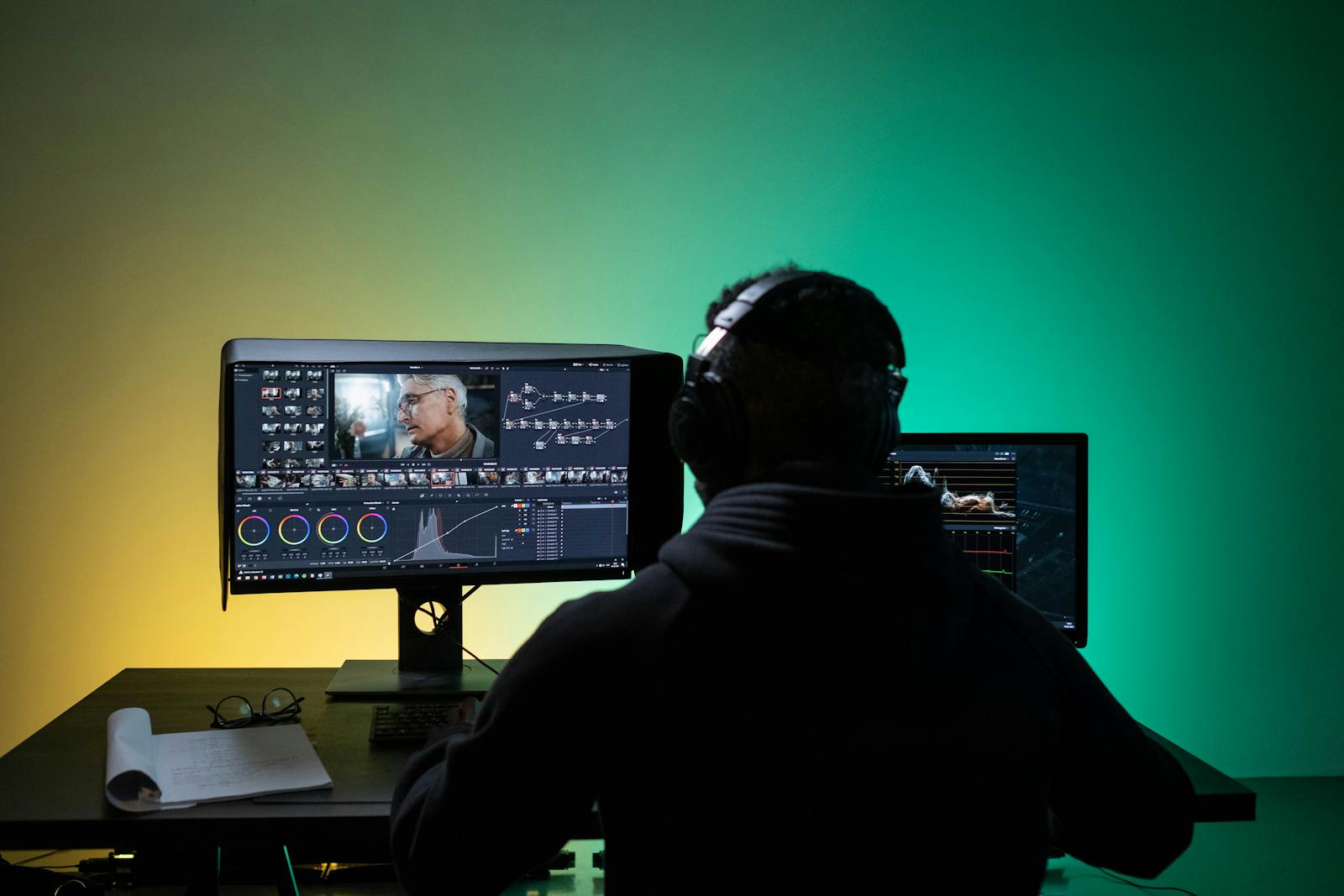 When the AI Bubble Bursts What Will Left Still Something Better A video editor works on dual monitors with headphones, focusing on color correction.