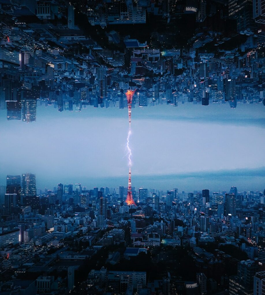 a very tall building with a lightning bolt in the middle of it