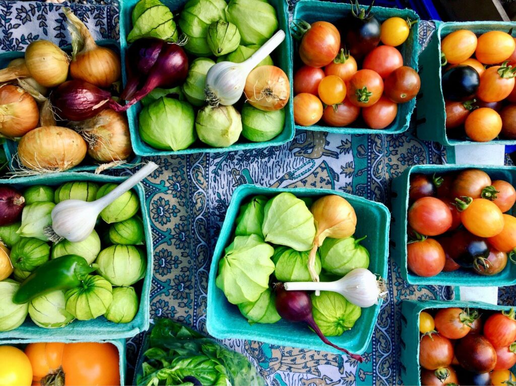 basket of tomato, garlic, and onions on white and blue floral surface
