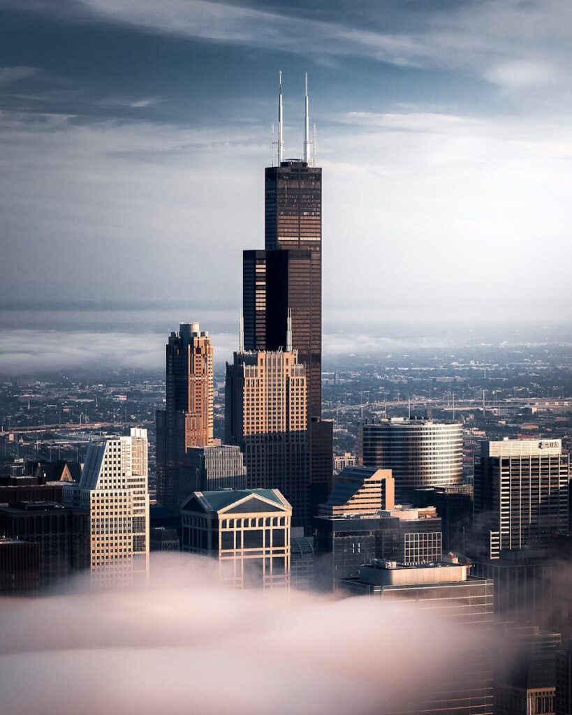 High Willis Tower for observation and communication among office towers in central district of Chicago