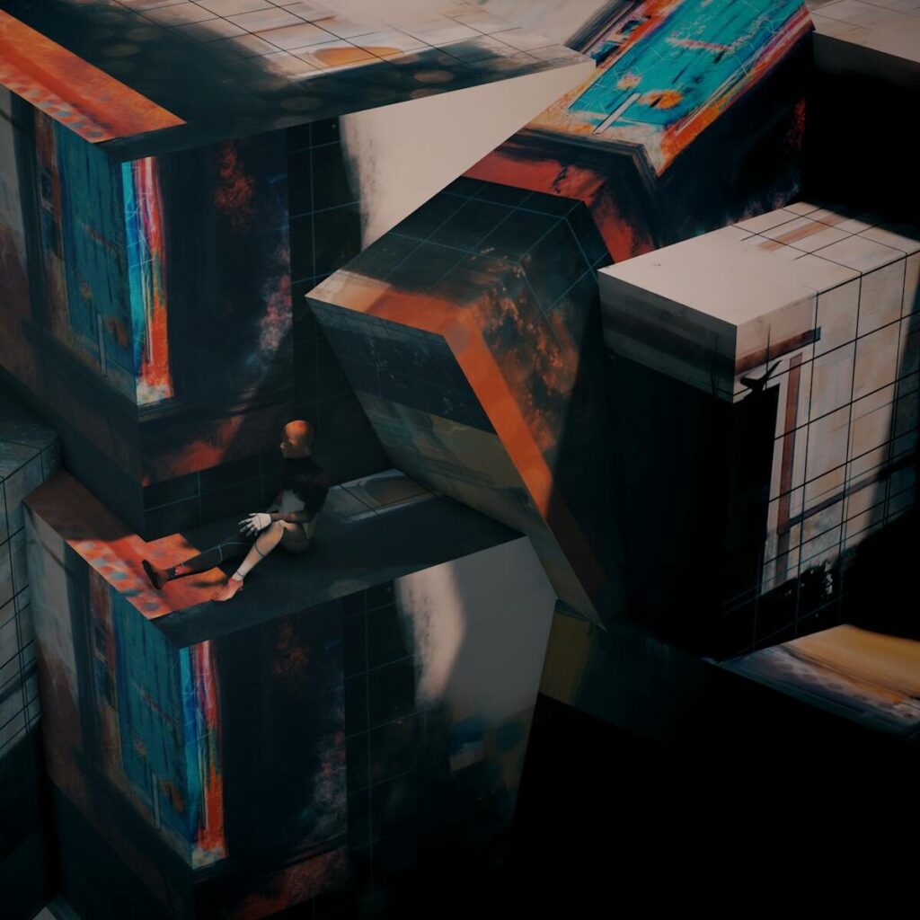 How AI Colliding With New World’s Growing “Polycrisis” A surreal artwork depicting a person sitting amidst colorful cubic sculptures.