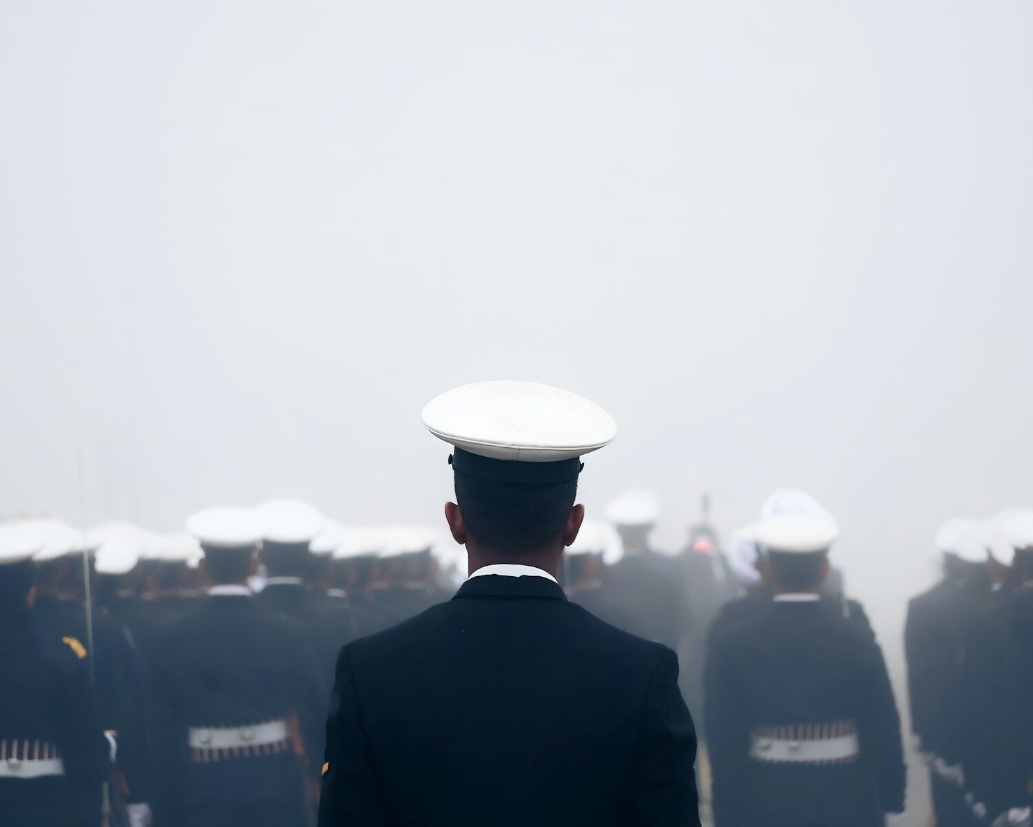 A navy officer stands before his troops in the fog.