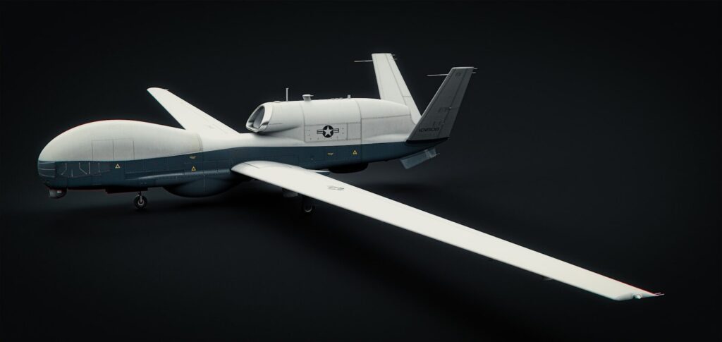 A white and blue model of a plane on a black background