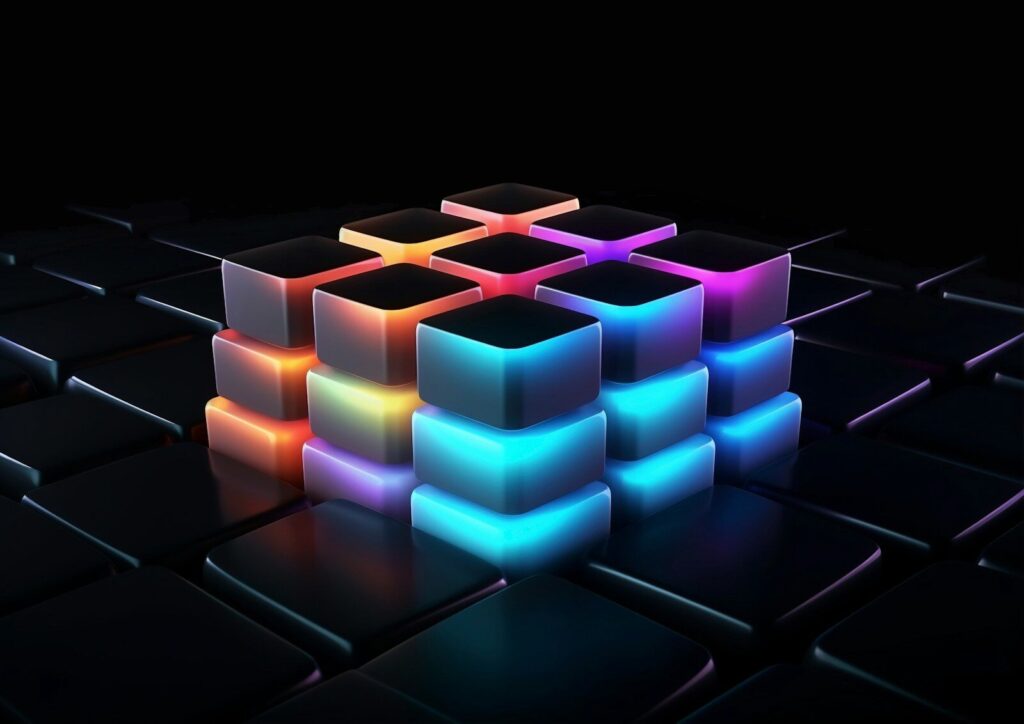 A computer keyboard with a glowing cube on top of it
