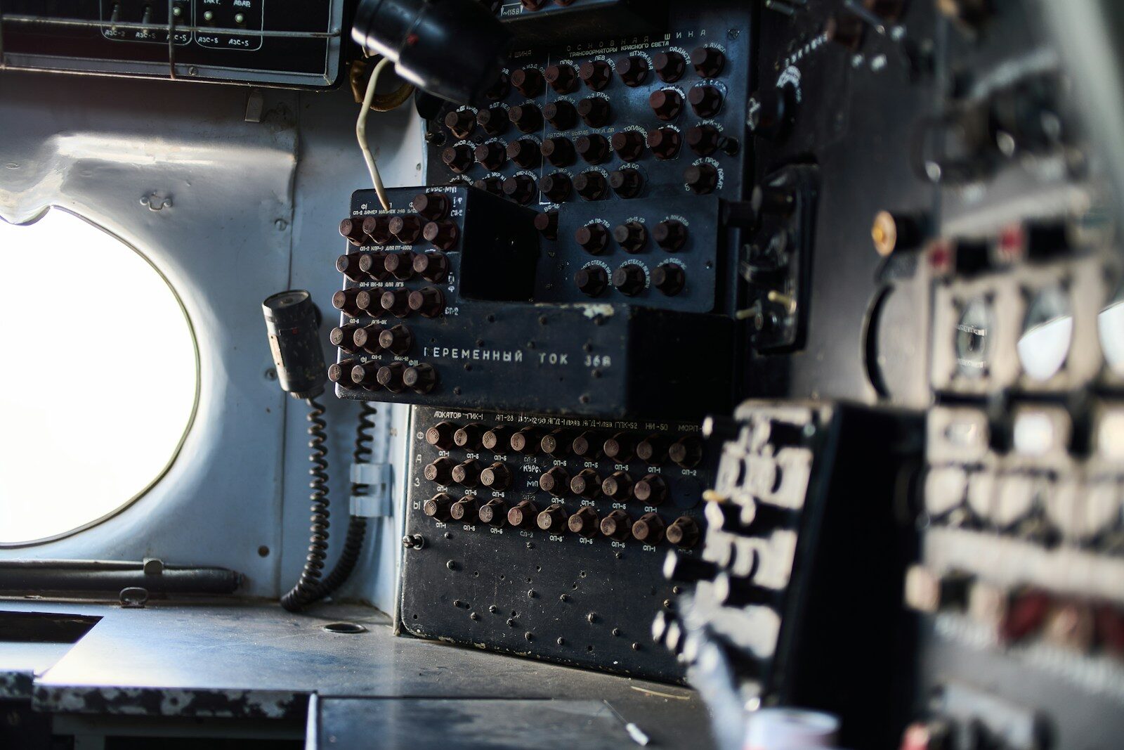 Inside the cockpit of an older plane.