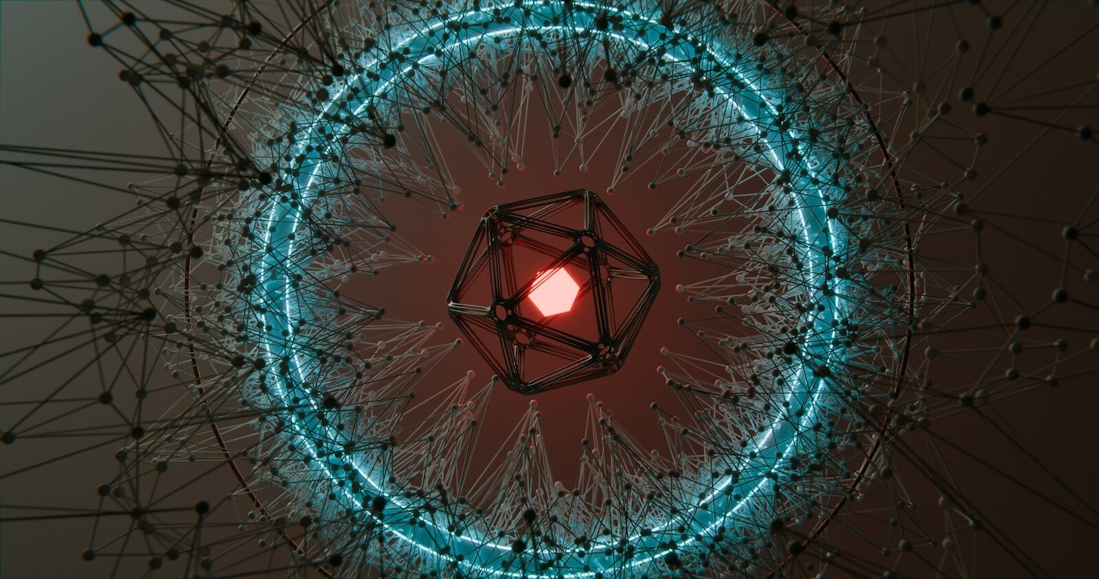 Abstract geometric shape with glowing red center and blue ring